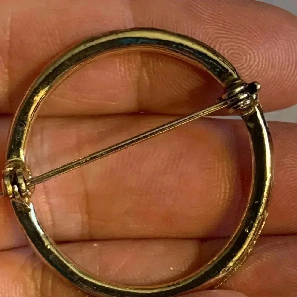 Vintage “Circle of Life” pin/ brooch gold tone iridescent glass crystals Unisex